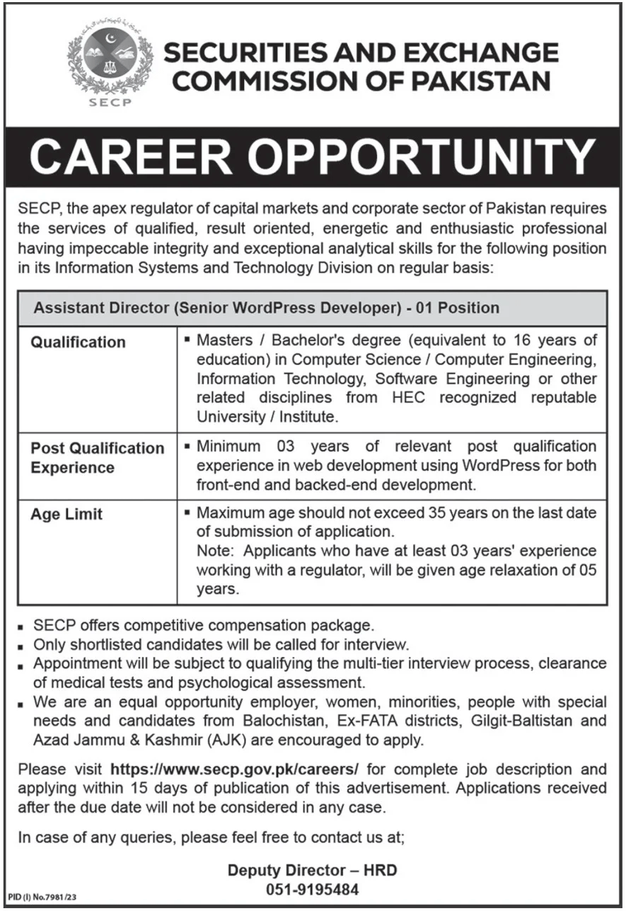 SECP Jobs 2024 Securities and Exchange Commission of Pakistan Advertisement