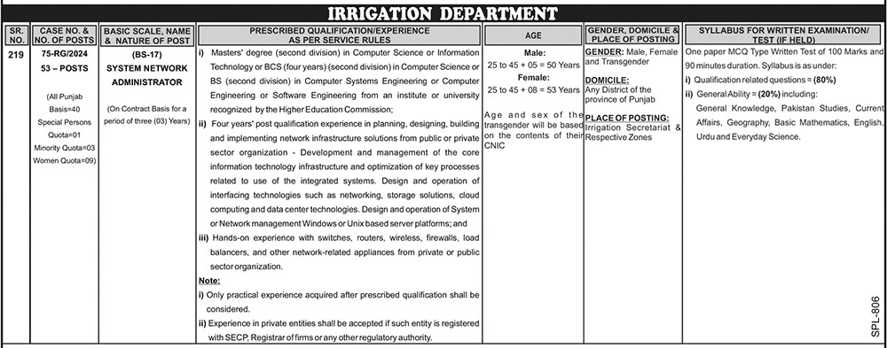 Irrigation Department Jobs Advertisement 2024