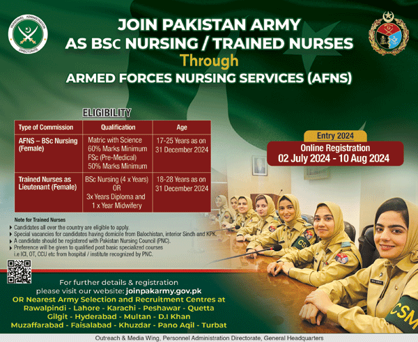 Join Pak Army as Nurse AFNS 2024 Advertisement