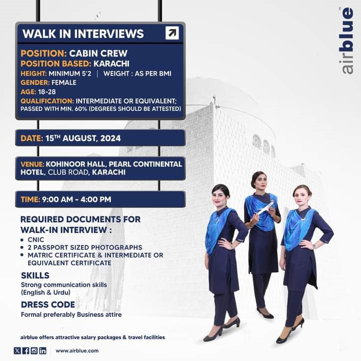 Airblue Cabin Crew Jobs 2024 Advertisement