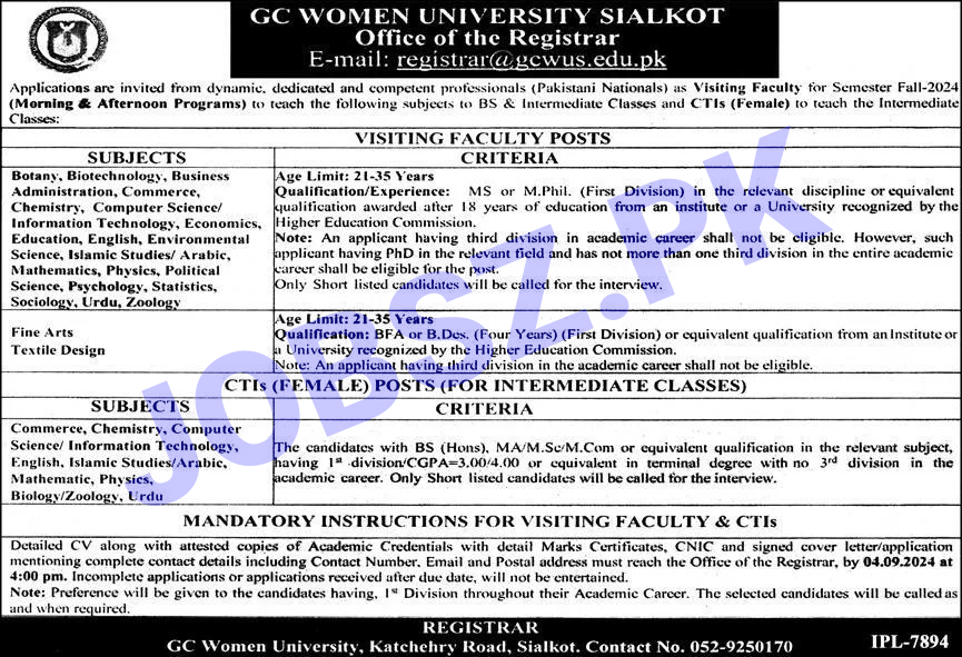 GC Women University Sialkot Jobs 2024 Advertisement