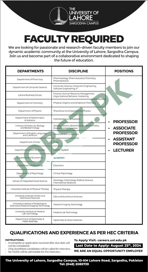 University of Lahore Sargodha Campus Jobs 2024 Advertisement 