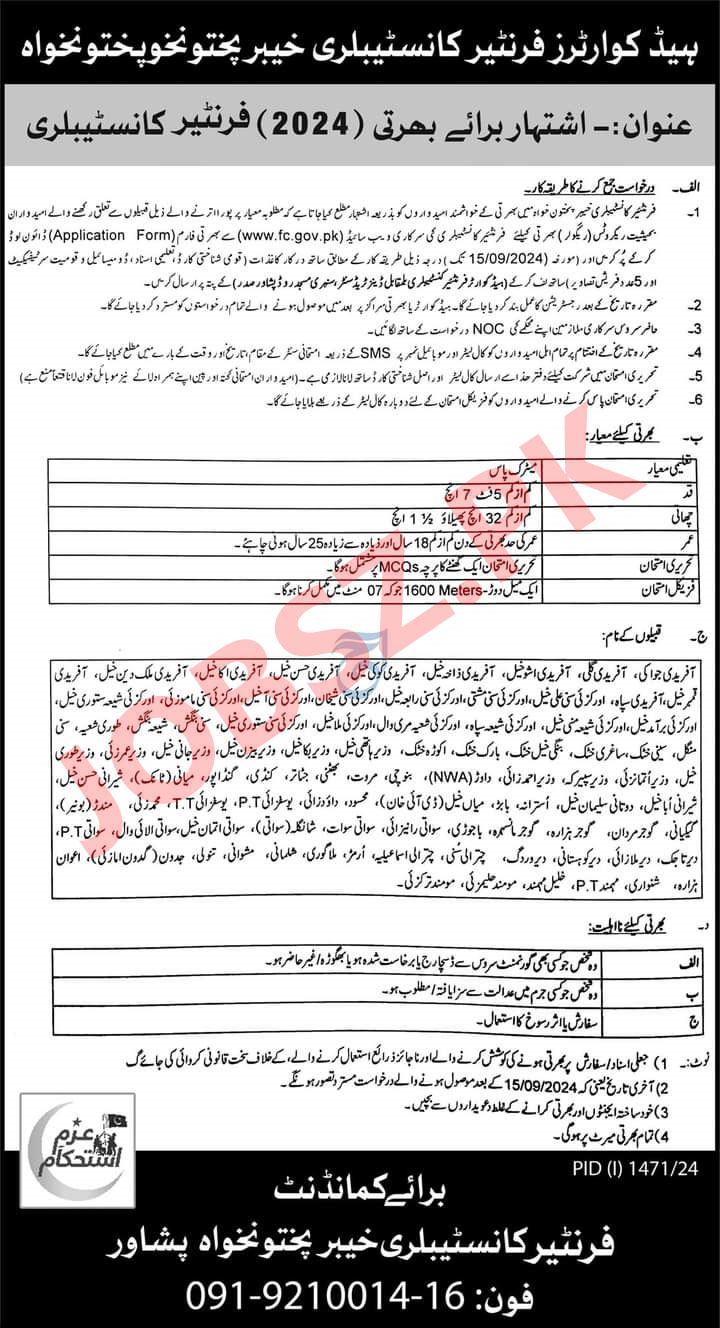 Frontier Corps FC KPK Jobs 2024 Advertisement 